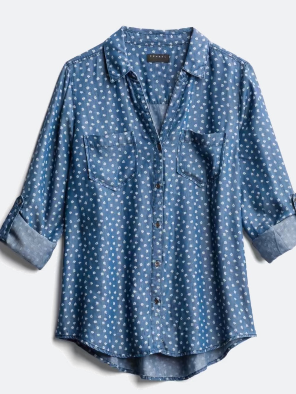 Tinsel Blue Chambray Button-Front Top with White Dot Print